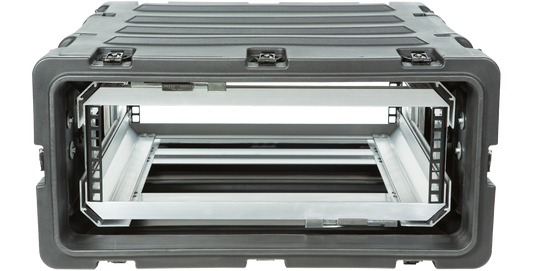 Front-facing view of 20 Inch Shock Rack - 3U RR Series, highlighting shock-absorbing frame and rugged LMDP shell for secure equipment storage.