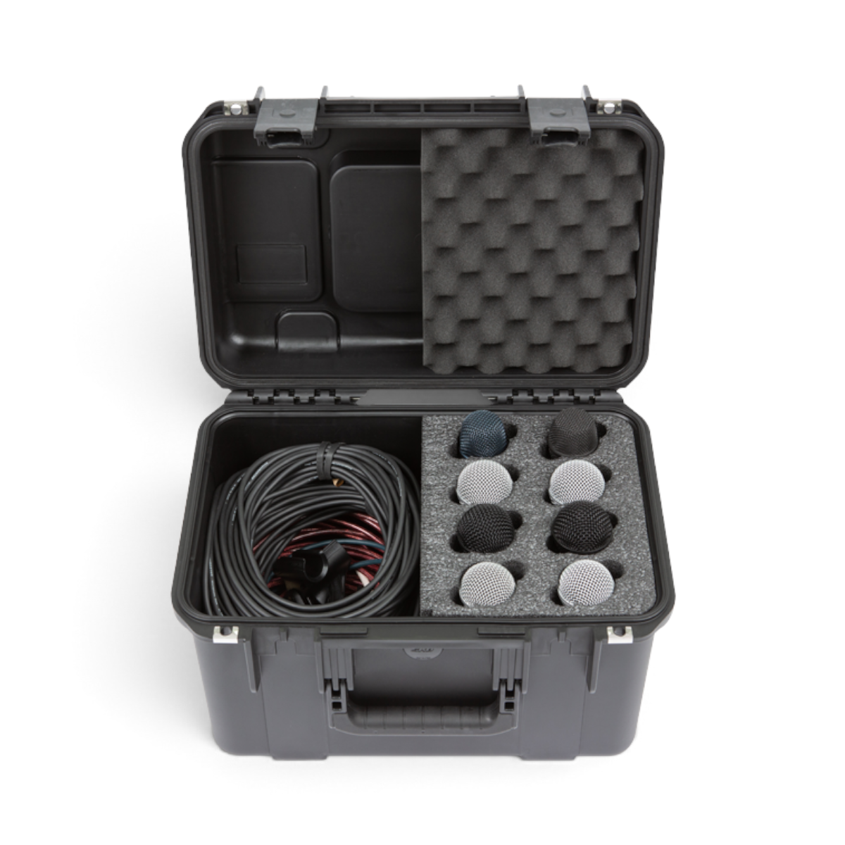 SKB Cases iSeries 8-mic waterproof hard case with foam interior, microphone slots, and accessory storage compartment.
