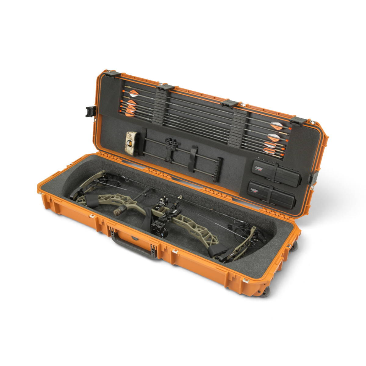 SKB Cases Pro Series medium bow case in coyote brown with foam interior, arrows, and compound bow stored inside.