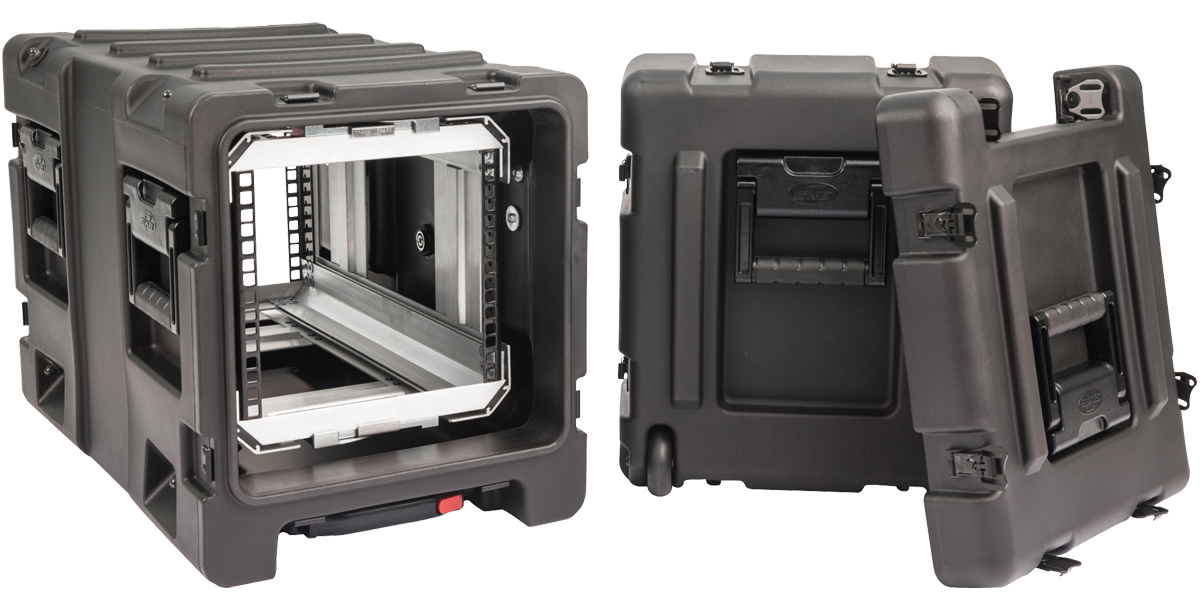 Front and rear view of 20-inch Shock Rack Case by SKB with removable lids and reinforced corners for maximum equipment protection.