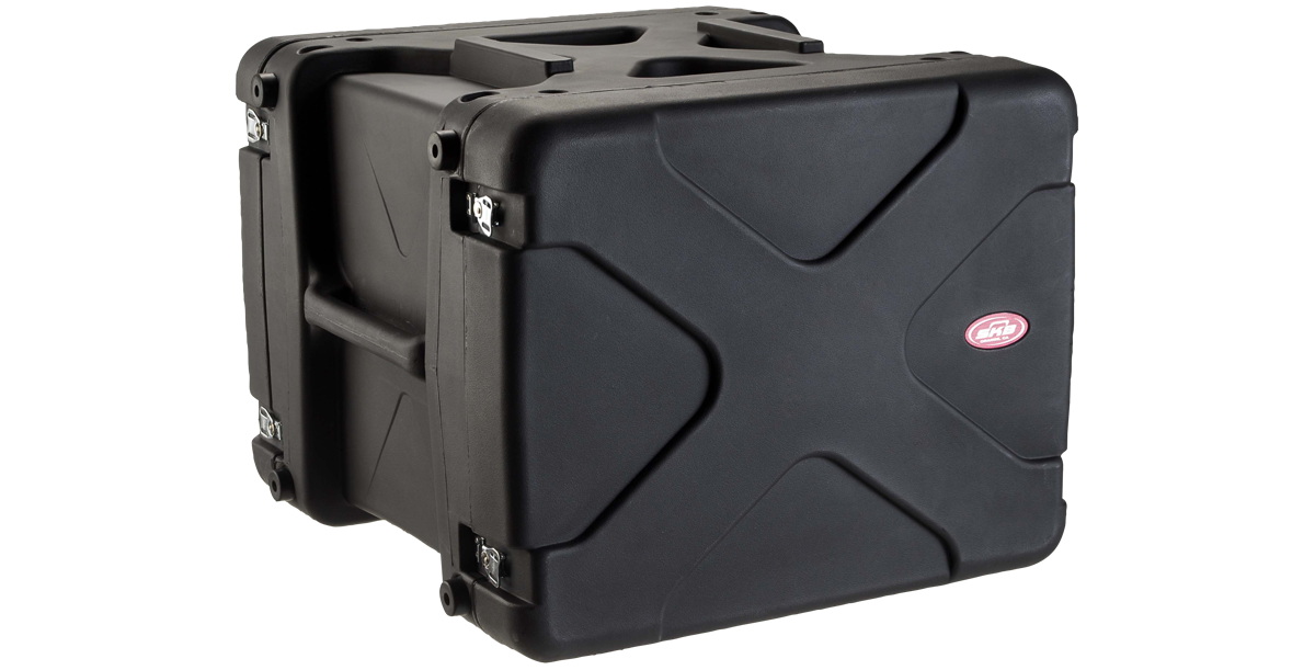 Side angle of 20-inch rSeries Shock Rack with rugged shell and reinforced handles, built for secure transport of sensitive electronics.