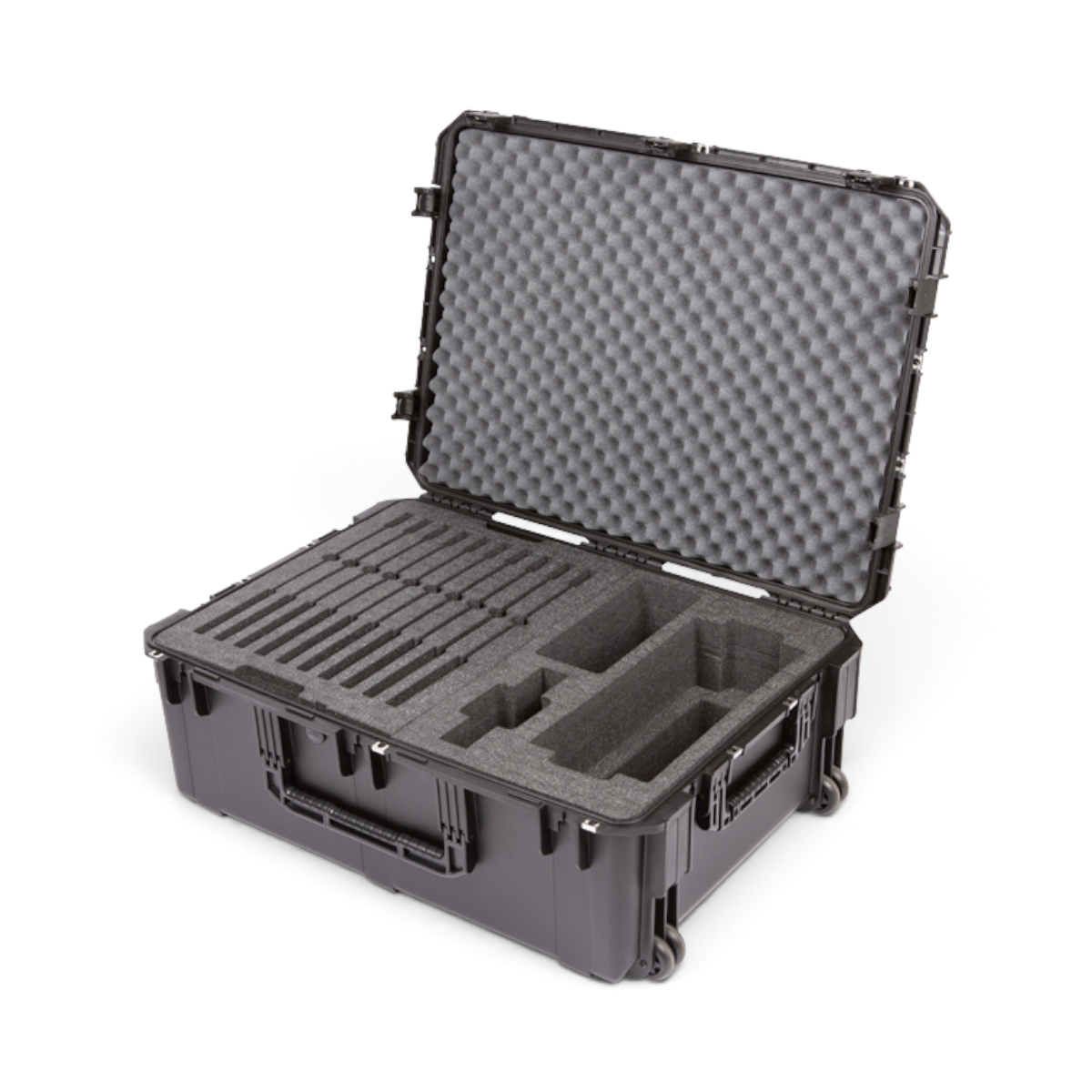 SKB Cases iSeries wireless microphone system hard case with custom protective foam interior and rolling wheels.