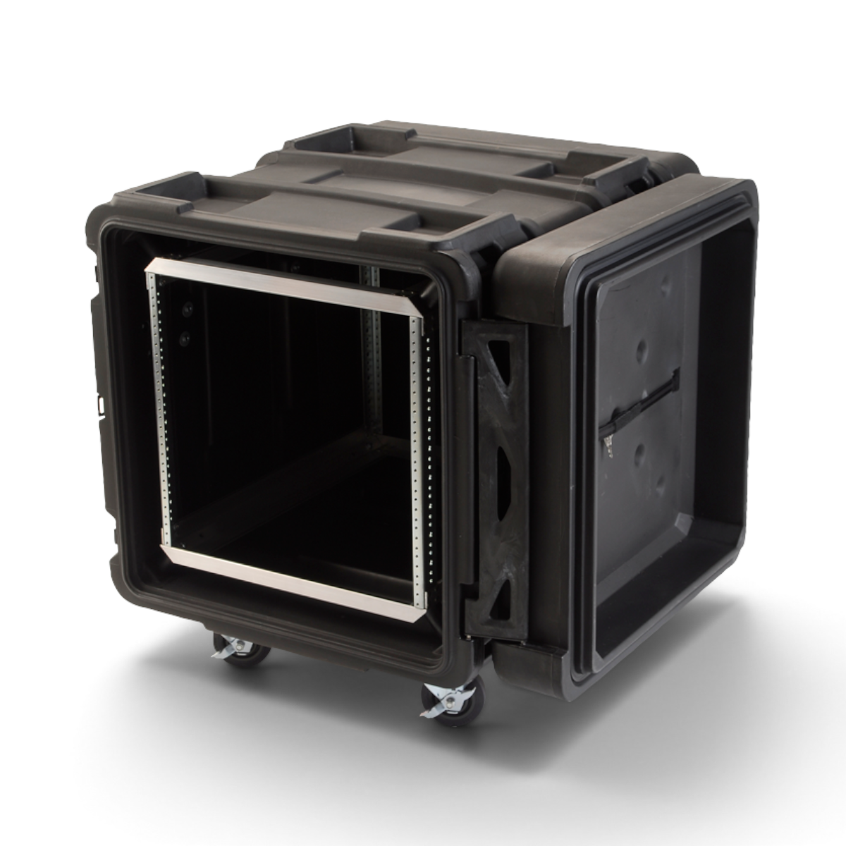 Angled view of 24-Inch Shock Rack Case with open lid, highlighting lightweight design and internal rackmount frame for pro-audio or server gear.