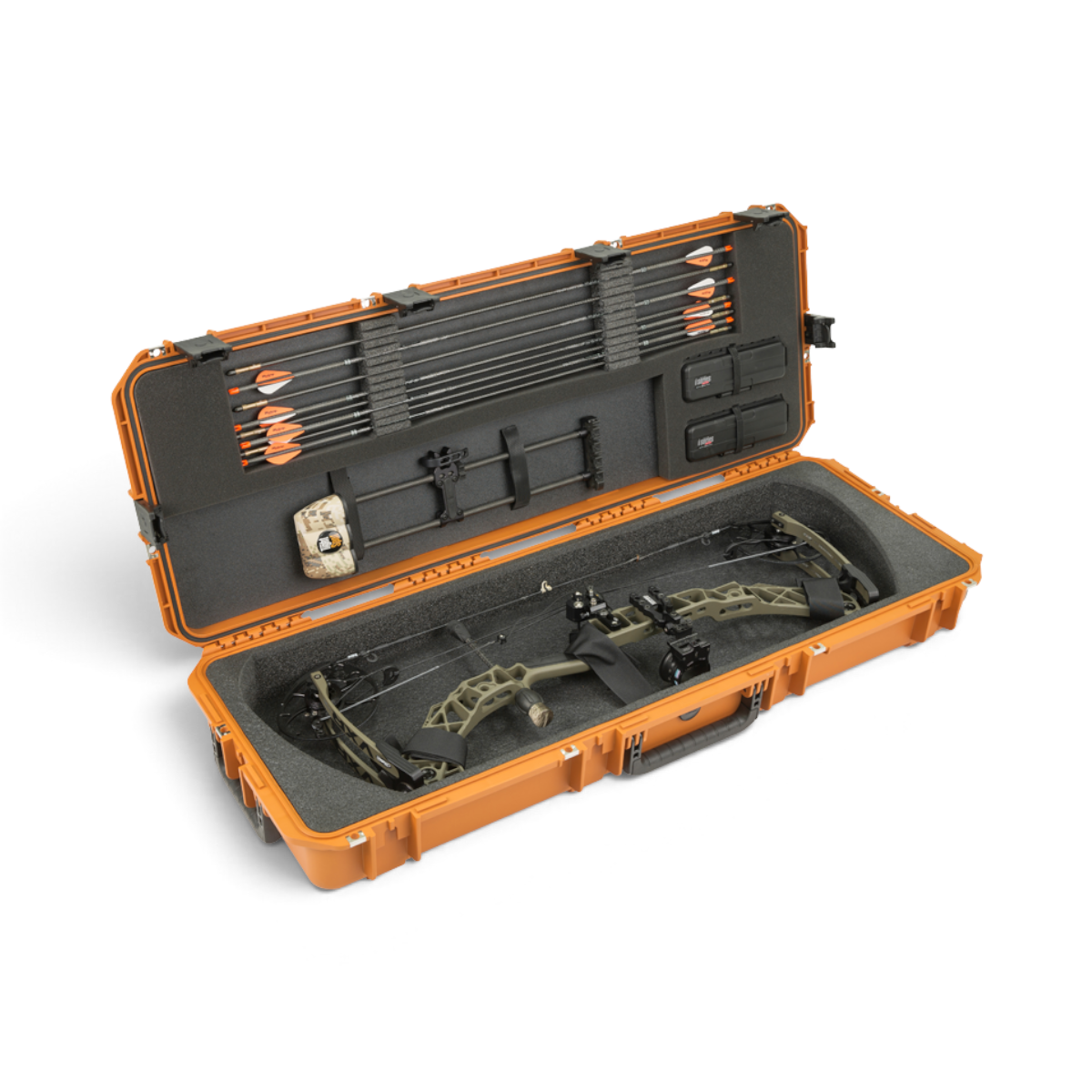 SKB Cases Pro Series medium bow case in coyote brown featuring foam interior with bow, arrows, and quiver storage.