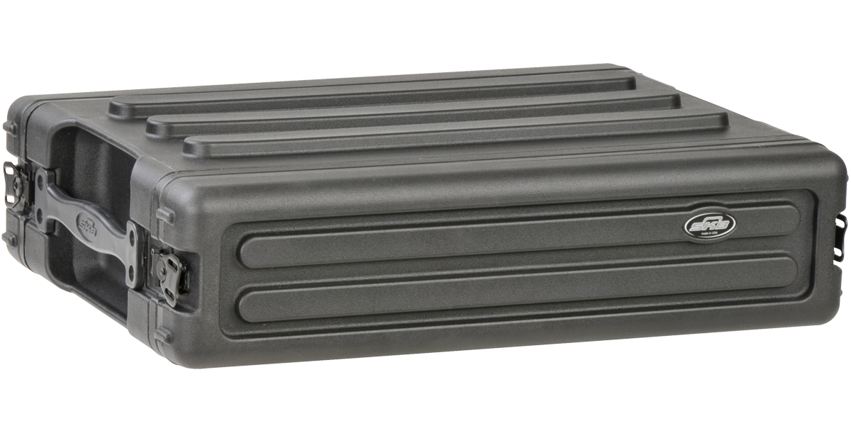 Closed 2U rSeries SKB Shallow Rack - Strong & Durable with front lid attached, featuring rugged exterior and SKB logo branding.