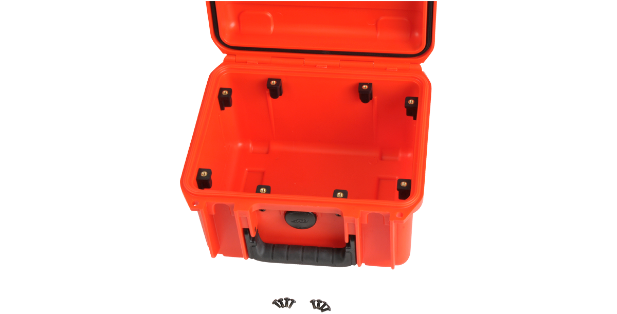 SKB 3i Series Panel Mount Kit installed in an orange 3i case with secure panel clips for mounting custom panels.