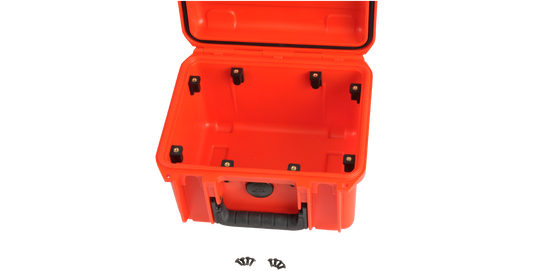 SKB 3i Series Panel Mount Kit installed in an orange 3i case with secure panel clips for mounting custom panels.