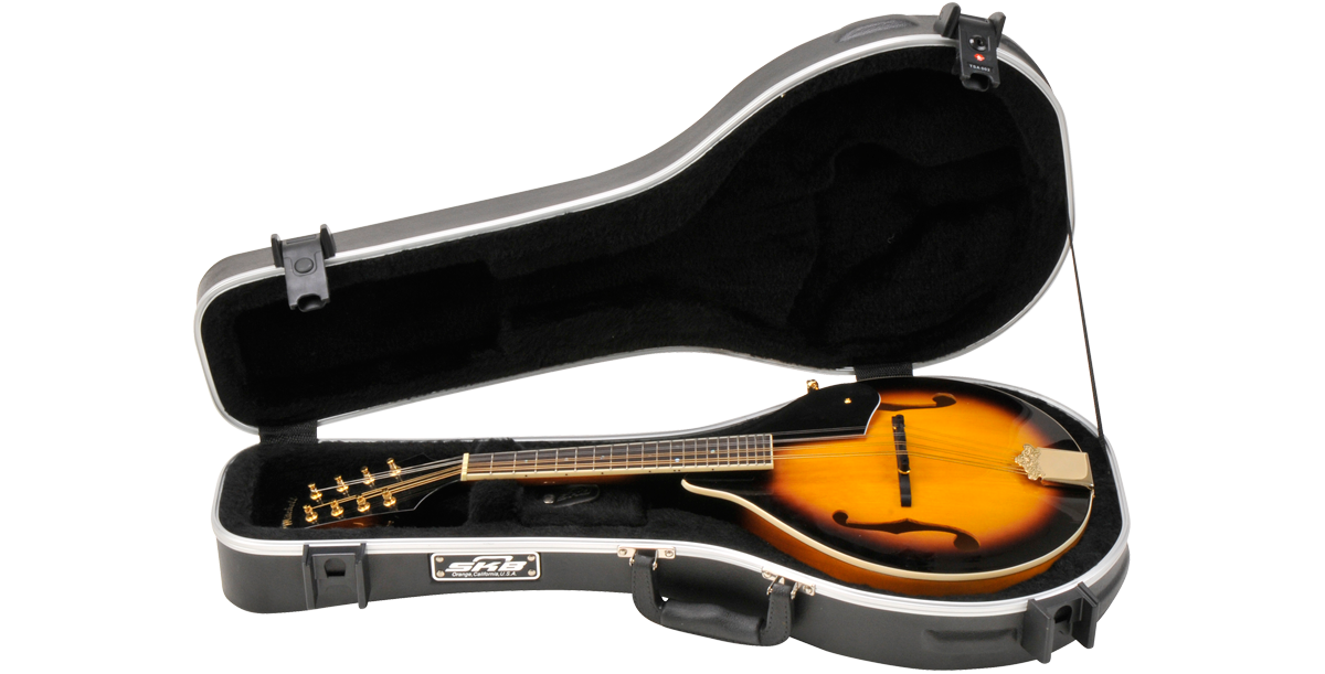 Open A-Style Mandolin Case with mandolin inside, showcasing plush interior and custom fit for secure travel storage.