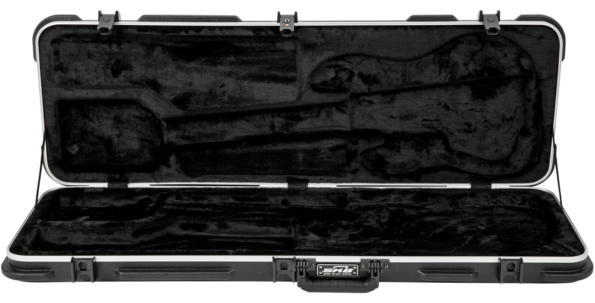 Universal Electric Bass Guitar Case with molded plush interior and TSA latches, designed to protect bass guitars during travel.