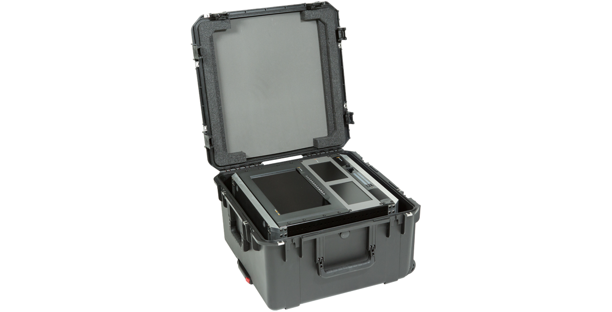 10U Shock Rack iSeries Fly Rack partially closed with electronics inside, showing shock-resistant and watertight features.