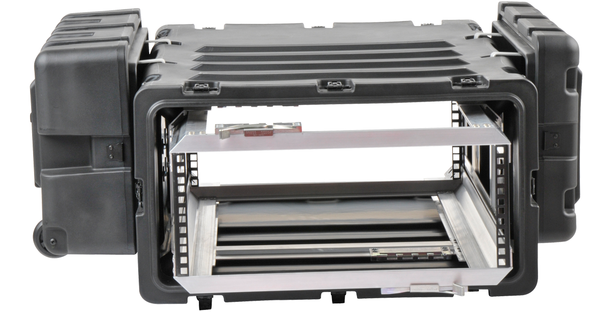 Rear view of 4U RR Series Shock Rack by SKB, showcasing deep interior and removable chassis for easy maintenance access.