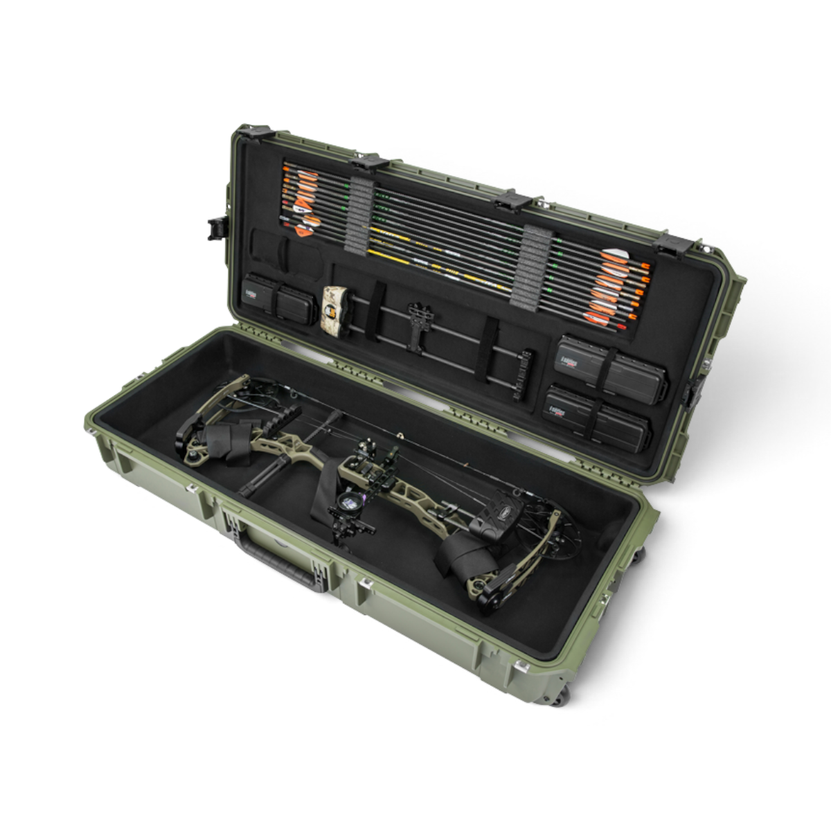 SKB Cases iSeries olive green waterproof bow case with a Mathews compound bow and arrow storage in the lid