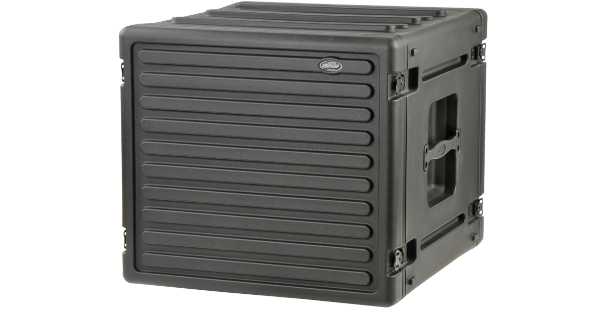 Side angle of 8U Roto Rack Case featuring twist latches and ergonomic handles for easy transport and secure closure.