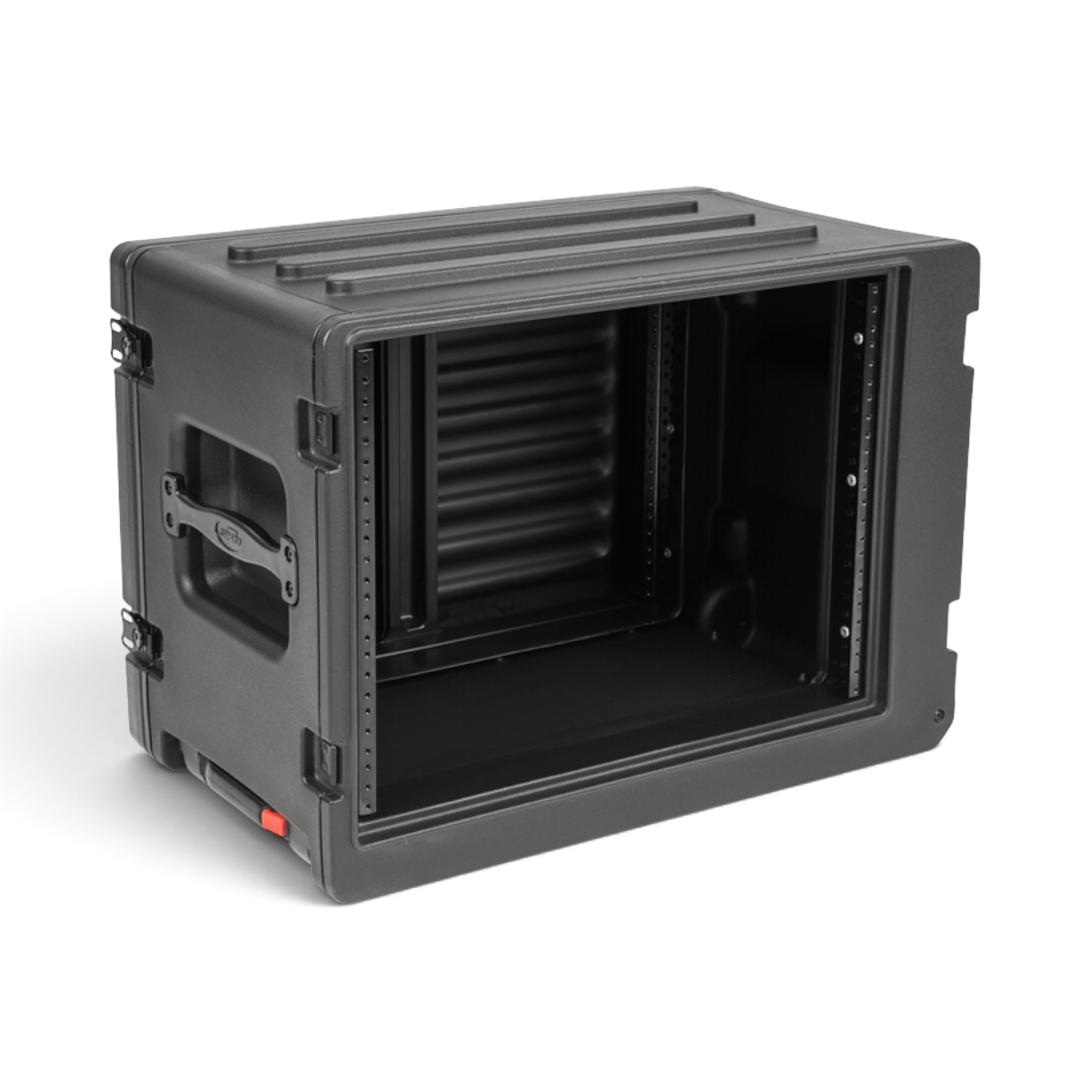 SKB Cases 8U rSeries shallow rolling rack in black roto-molded polyethylene with steel threaded rails and side handle