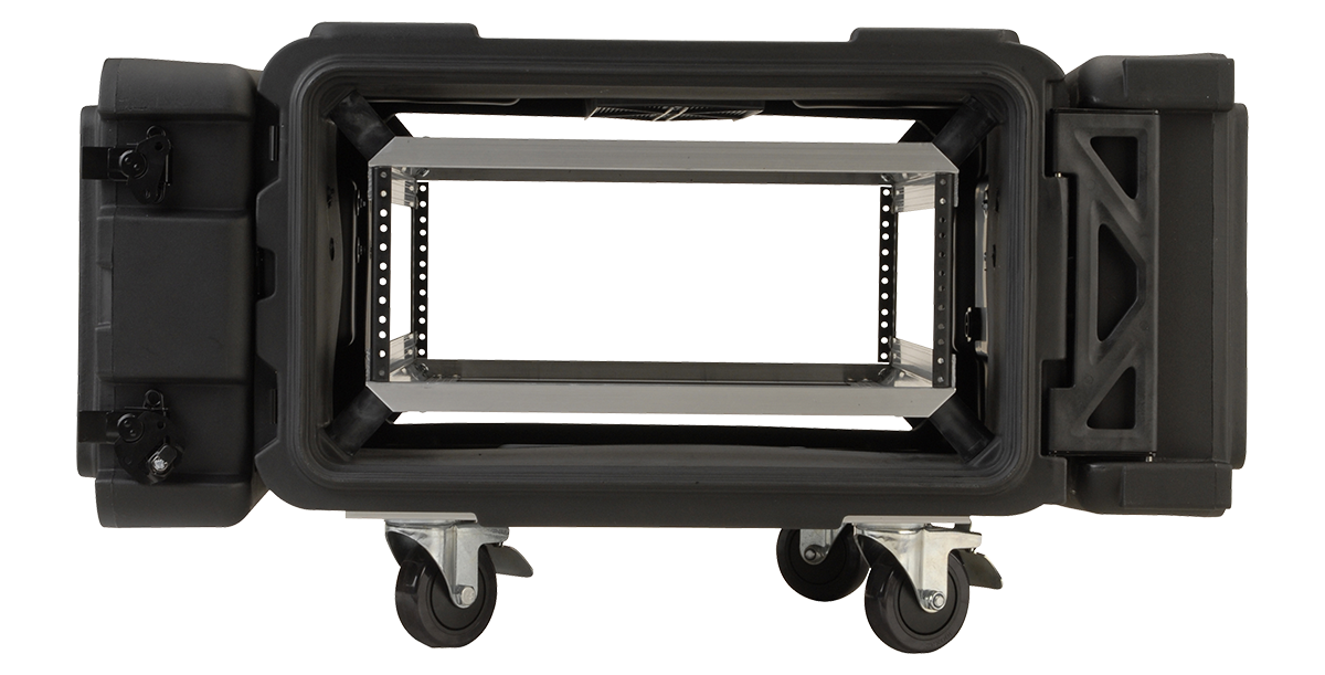 Front view of open 24 inch deep shock rack with reinforced aluminum rails and vibration-dampening frame, ready for IT or audio gear.