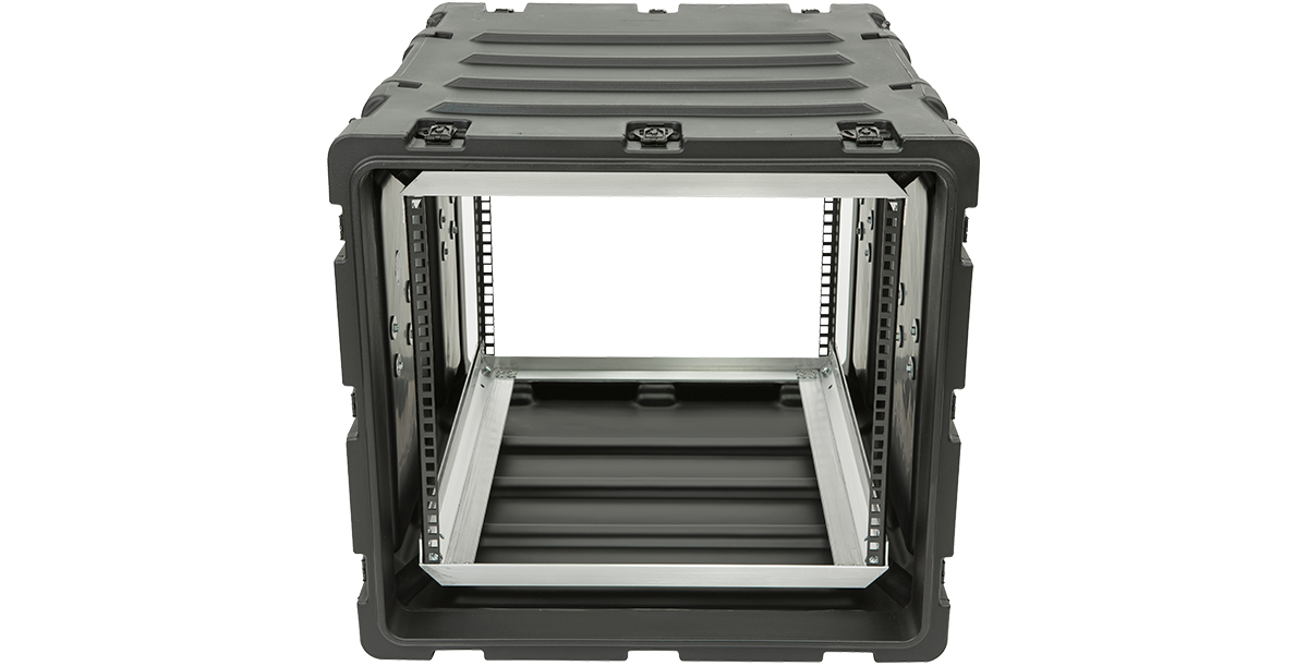 Front view of 24-Inch Shock Rack Case by SKB, showing 9U deep aluminum frame ideal for mounting sensitive electronics securely.
