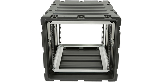 Front view of 24-Inch Shock Rack Case by SKB, showing 9U deep aluminum frame ideal for mounting sensitive electronics securely.