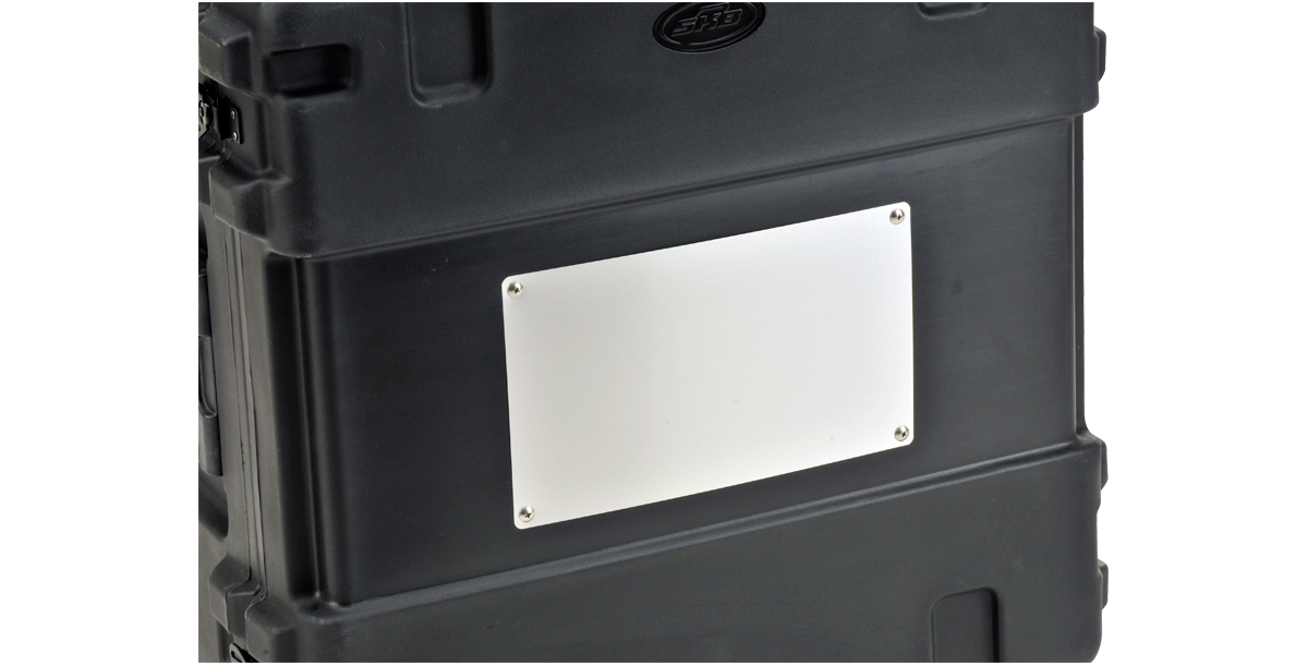 Close-up of Aluminum Shipping Label Plate 12x7 fastened with stainless steel screws on a durable case, ensuring watertight label protection.