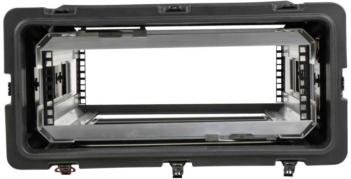 Interior view of 30-inch SKB Shock Rack Case with aluminum frame and 3U rack space for mounting sensitive gear securely.