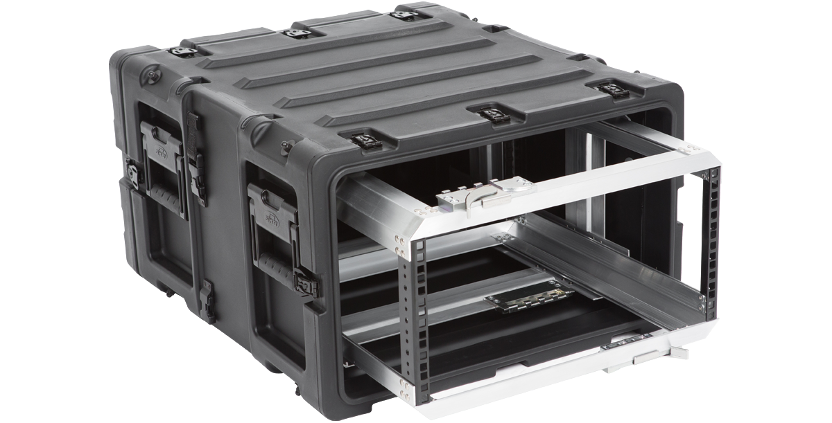 Extended internal frame view of 20-inch Removable Shock Rack 5U RR Series with visible shock-absorbing mounts.