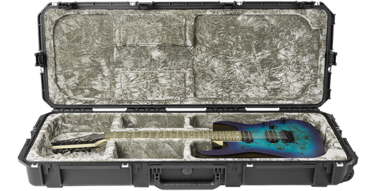 Waterproof electric guitar case with TSA-approved locks, open to reveal a blue electric guitar inside plush, impact-resistant interior.