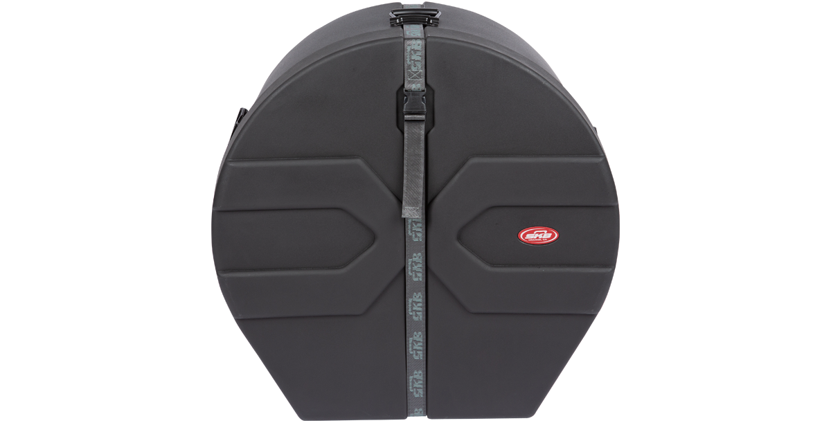 Front view of 14x26 drum case with Roto-X design, ideal for marching bass drum protection with padded interior and secure strap closure.