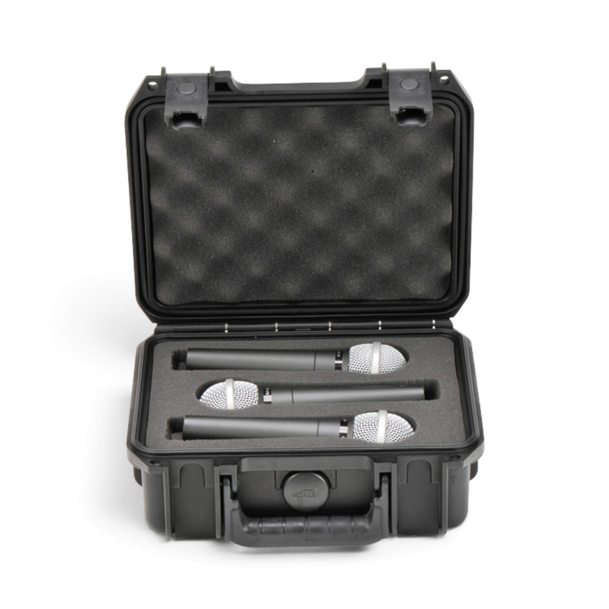 SKB Cases iSeries 0907-4 waterproof hard case holding three microphones in custom foam inserts with lid padding.