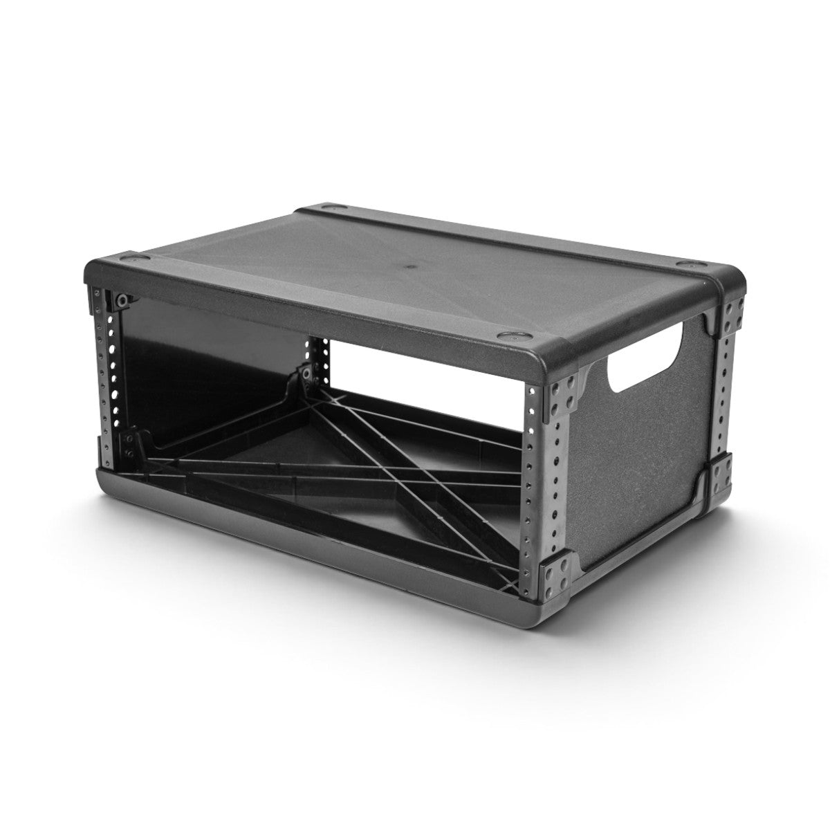 Angled view of 4U Injection Molded 13” Rack Frame showing lightweight, stackable flyRack design with reinforced corners and side handles.