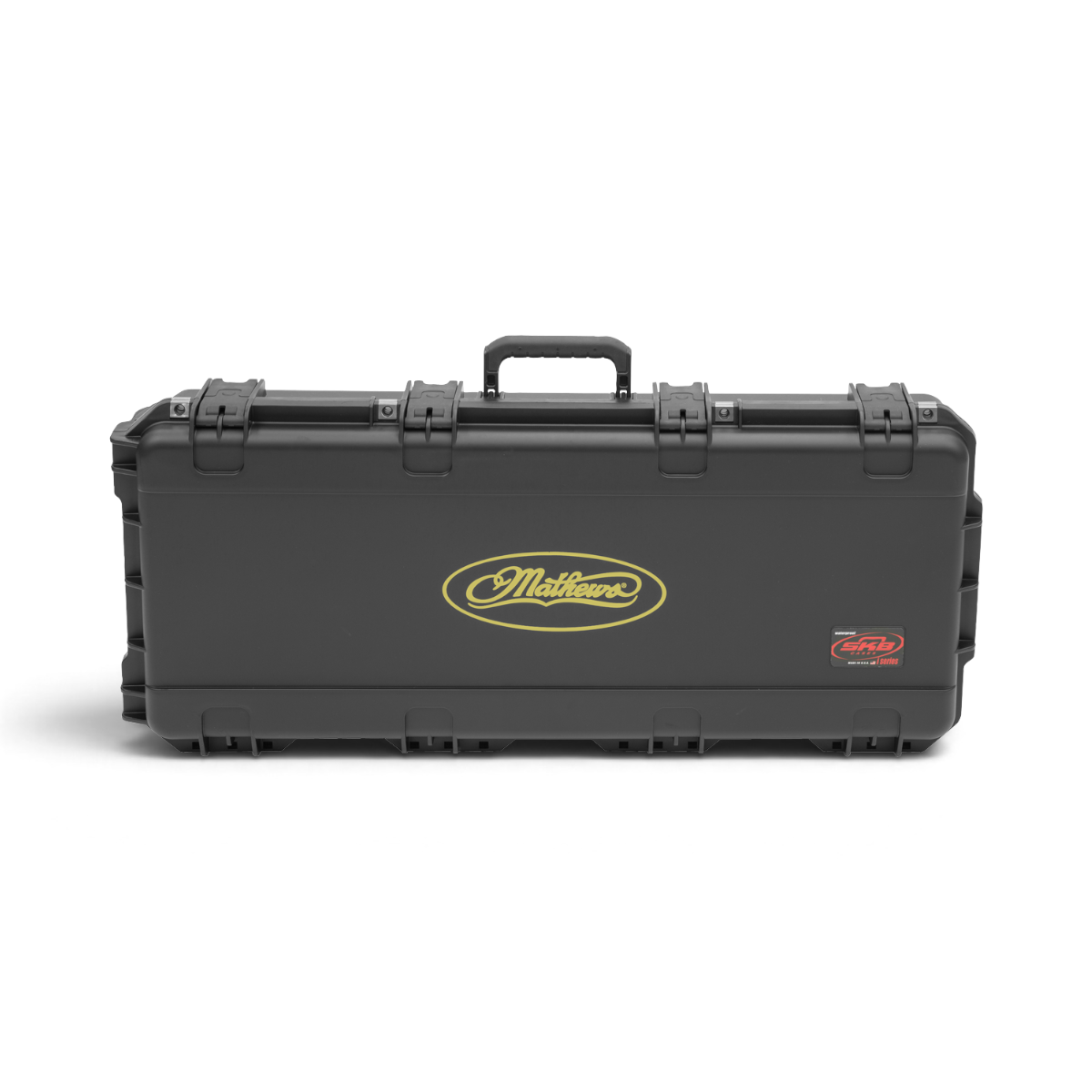 SKB Cases iSeries black injection molded parallel limb bow case with Mathews logo and secure trigger latches.