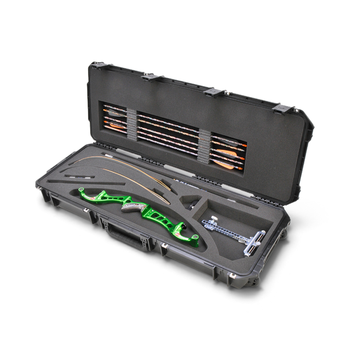 SKB Cases iSeries 4214-5 recurve bow case with custom foam interior holding a green bow, limbs, and arrows.