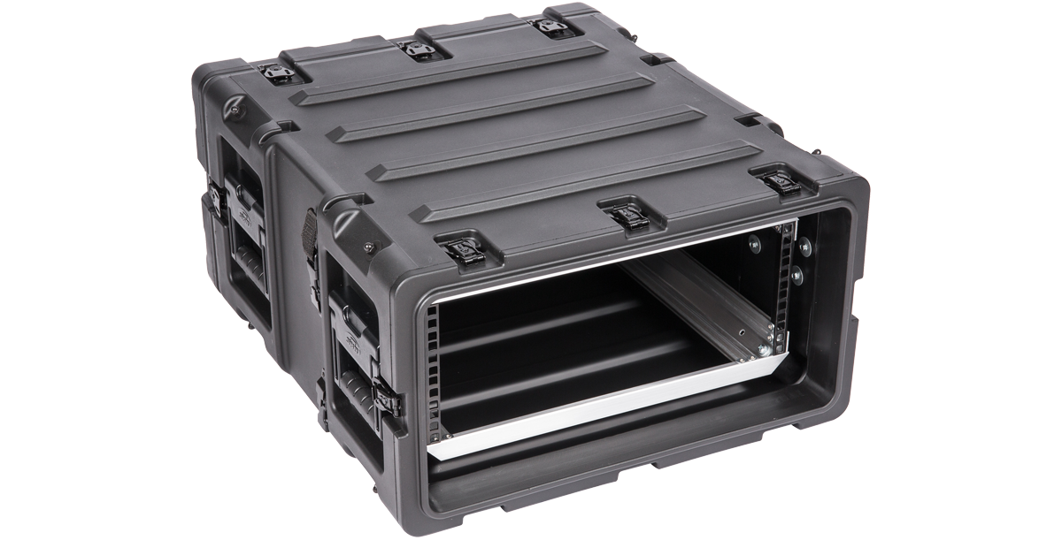 Side view of 4U RS Series Shock Rack - 20 Inch Deep with open front, highlighting internal rack rails and shock-absorbing frame.