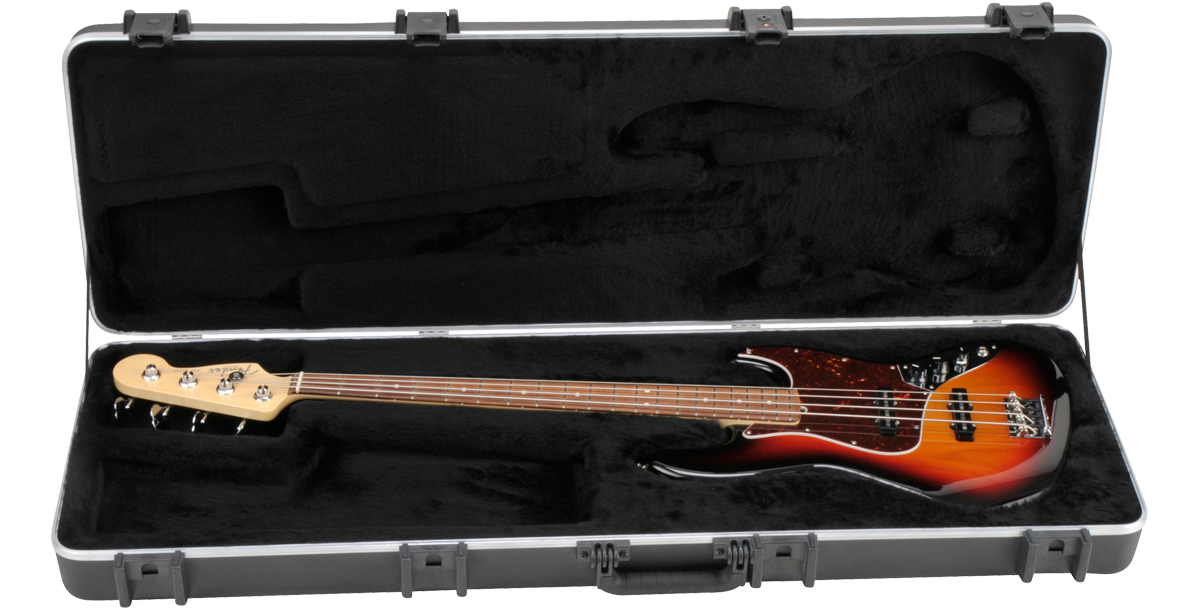 SKB Rectangular Electric Bass Case open with Fender-style bass guitar inside; form-fit plush lining for secure, protective travel.
