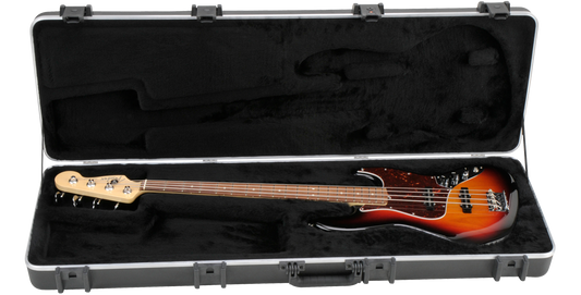 SKB Rectangular Electric Bass Case open with Fender-style bass guitar inside; form-fit plush lining for secure, protective travel.