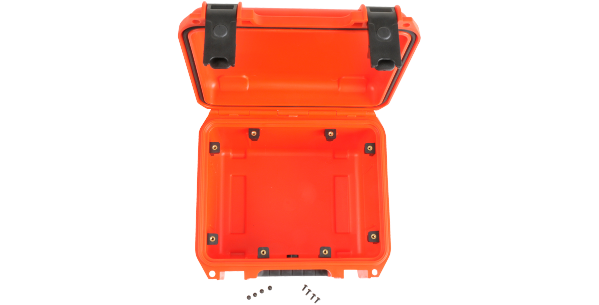 Top-down view of SKB 3i Series Panel Mount Kit installed in a 3i case showing all mounting clips and included screws.