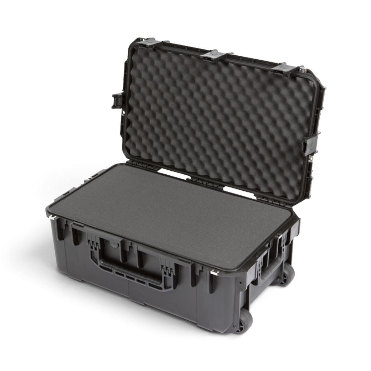 SKB Cases iSeries 2615-10 waterproof hard case in black with wheels, open lid, and protective foam interior.