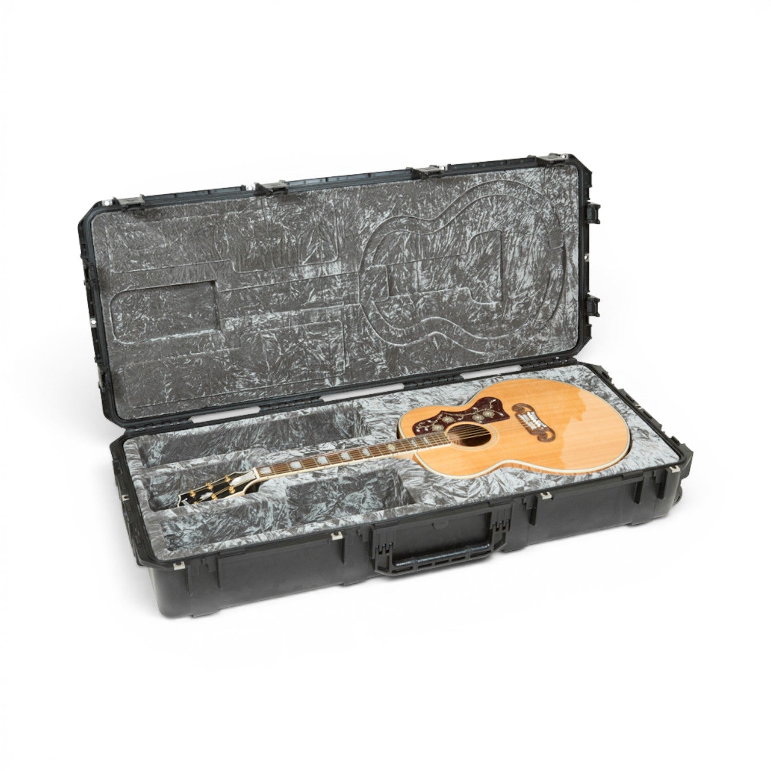 Jumbo Acoustic Guitar Case with waterproof construction and TSA latches, shown open with guitar inside for secure transport.