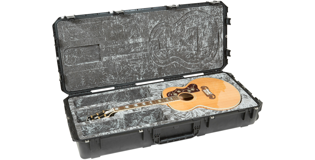 Jumbo Acoustic Guitar Case with waterproof construction and TSA latches, shown open with guitar inside for secure transport.