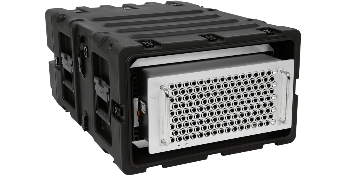 5U 24-inch deep shock rack case with Mac Pro partially pulled out. Shock-absorbing design ideal for mobile tech setups.