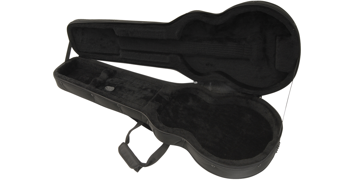 Interior view of Les Paul Guitar Soft Case with contoured padding and neck support for superior guitar protection during transport.