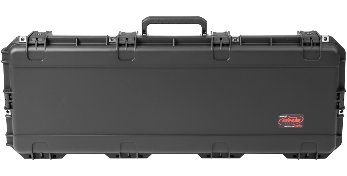 Back view of waterproof electric guitar case with TSA-approved locks, showcasing a sleek black design ideal for travel and storage.