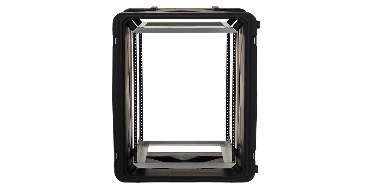 Front-facing view of 20-Inch Deep Shock Rack Case highlighting deep interior and elastomer shock mounts for ultimate gear protection.