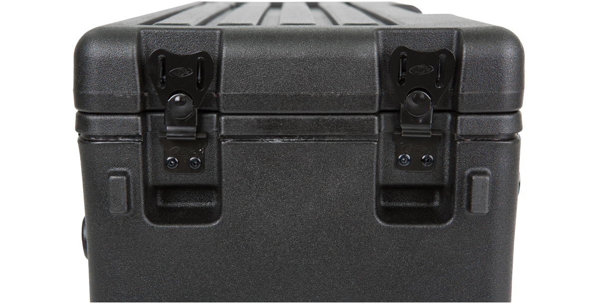 Close-up of SKB 4U rSeries Roto Rolling Rack latches, emphasizing secure locking mechanism for safe equipment storage.