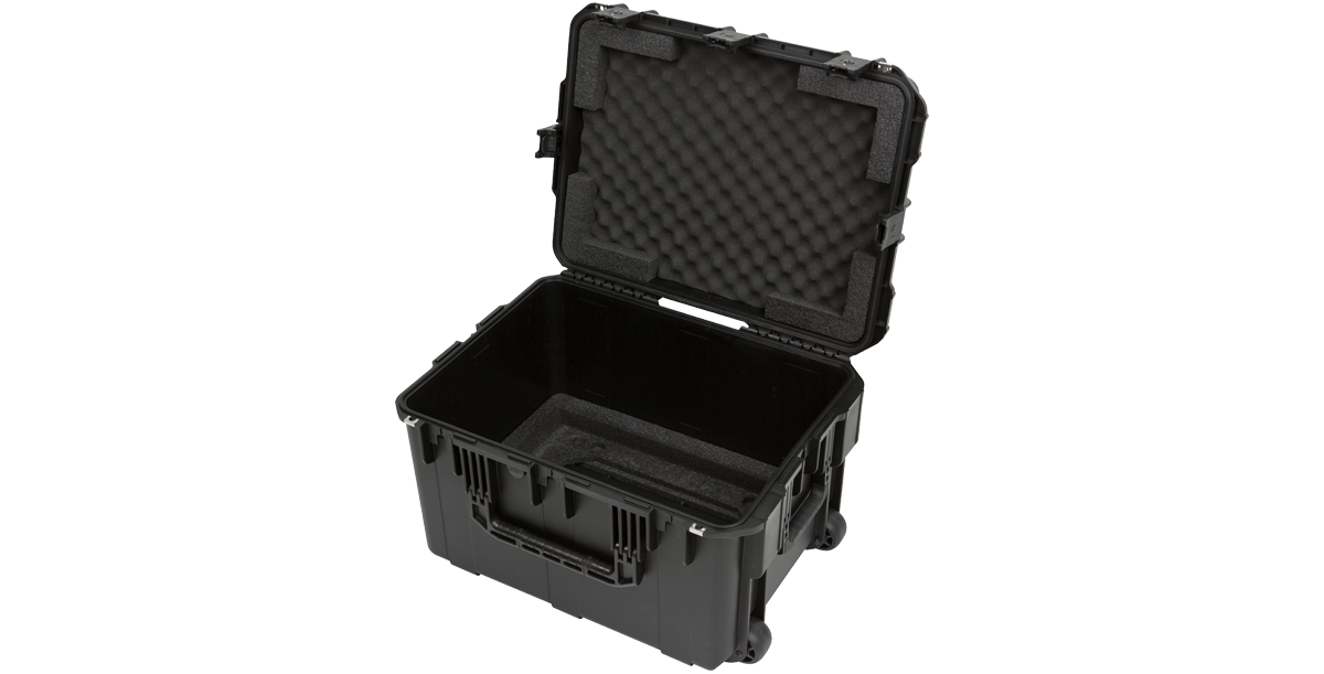 Angled open view of iSeries Fly Rack case without rack frame, showcasing lightweight, durable construction and interior foam padding.