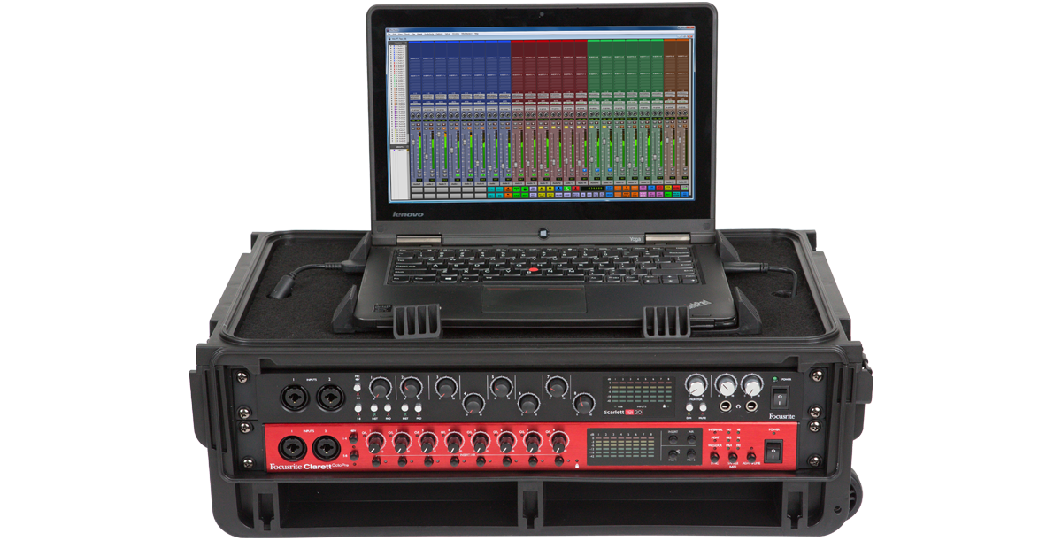 2U Rack Case - Injection Molded with mounted audio interface and laptop, ideal for portable studio setups and secure gear transport.