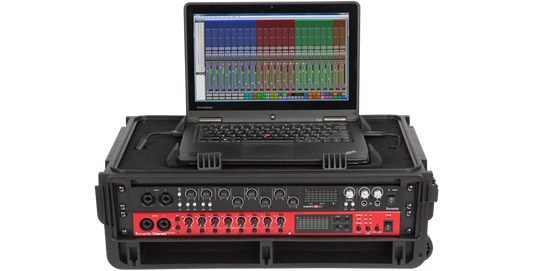 2U Rack Case - Injection Molded with mounted audio interface and laptop, ideal for portable studio setups and secure gear transport.