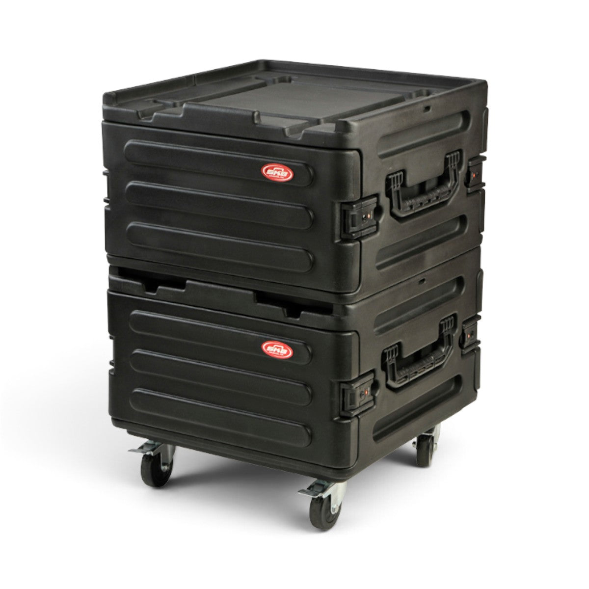 Two Expandable Roto Molded Rack Cases with Wheels stacked for modular storage, compatible with 1SKB-R102/R104/R106 models.
