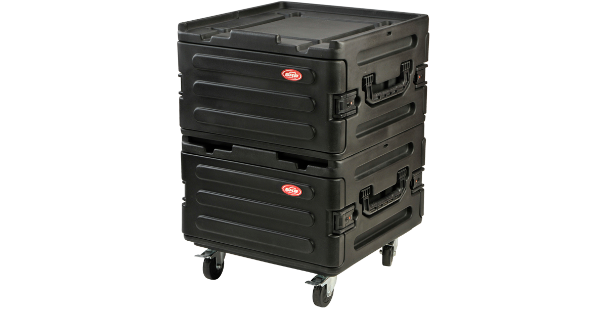 Two Expandable Roto Molded Rack Cases with Wheels stacked for modular storage, compatible with 1SKB-R102/R104/R106 models.