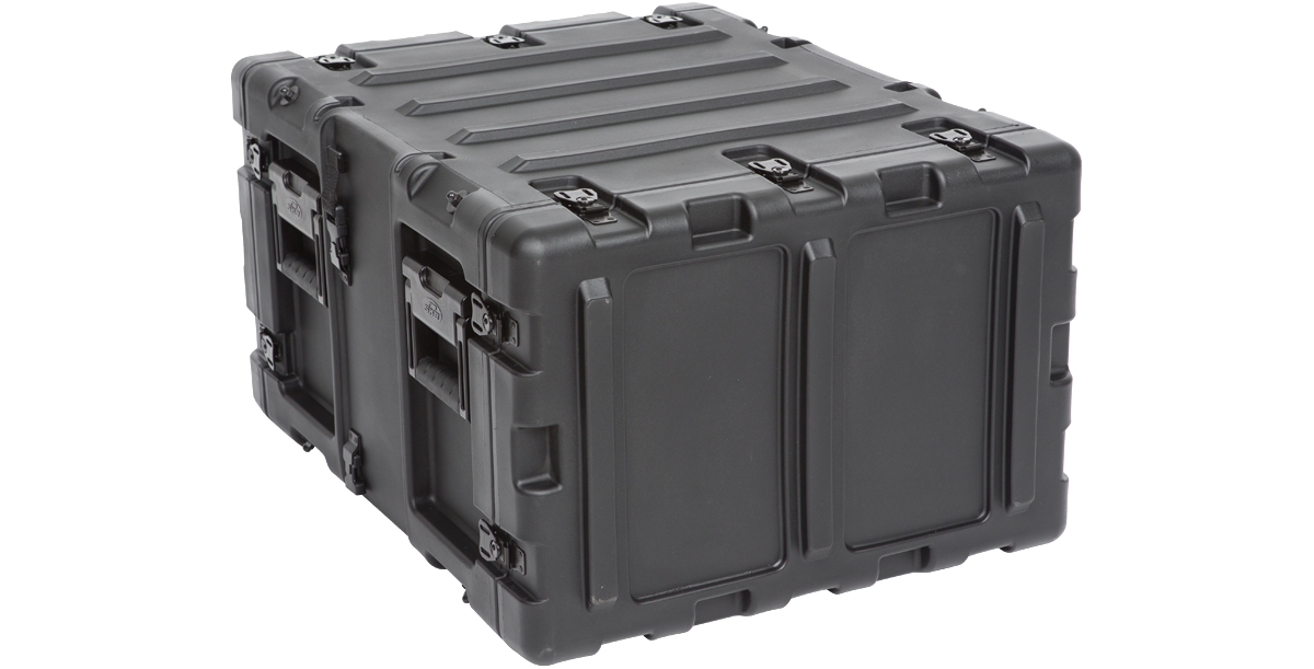 Rear view of closed 6U RR Series Rack - 20-inch Deep Shock Rack showing watertight latches and molded protective shell.