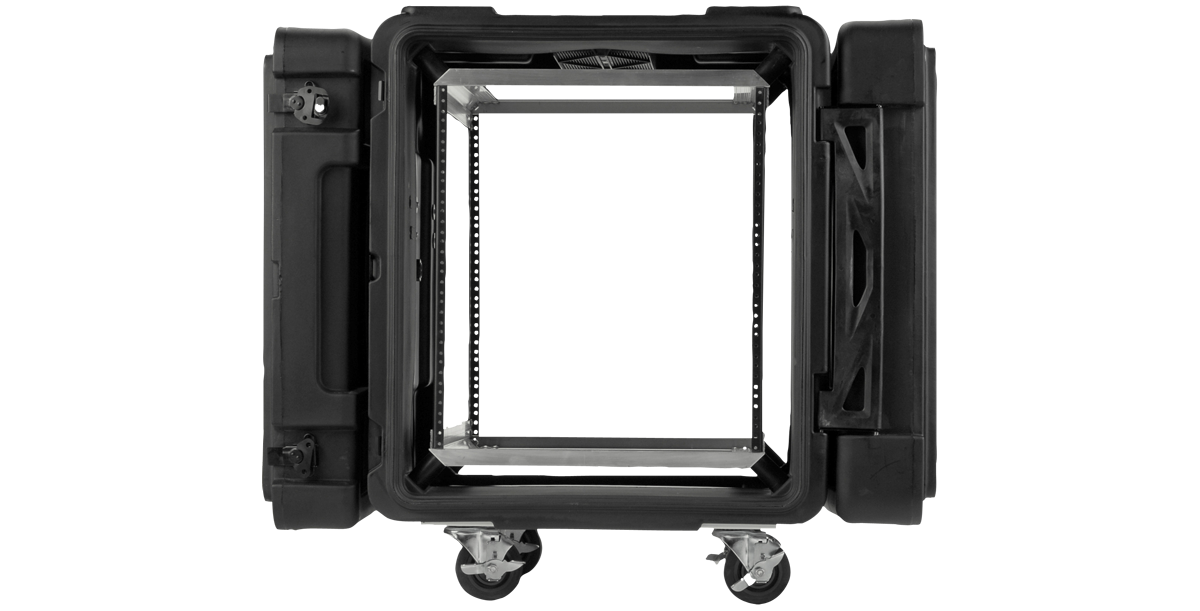 Front view of 12U Deep Shock Rack - 24-inch Roto with open lid, showing internal rack frame and MIL-SPEC sealed design for secure equipment transport.