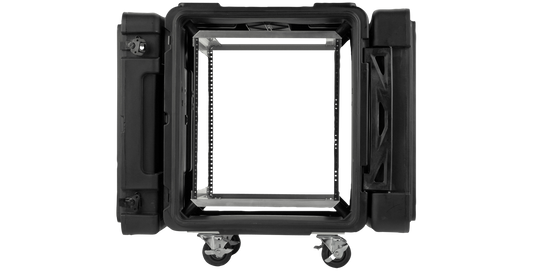 Front view of 12U Deep Shock Rack - 24-inch Roto with open lid, showing internal rack frame and MIL-SPEC sealed design for secure equipment transport.